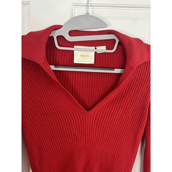 Anthropologie Maeve Polo Bell Sleeve Sweater •M• Long Ribbed Red Holiday Button - Picture 10 of 13